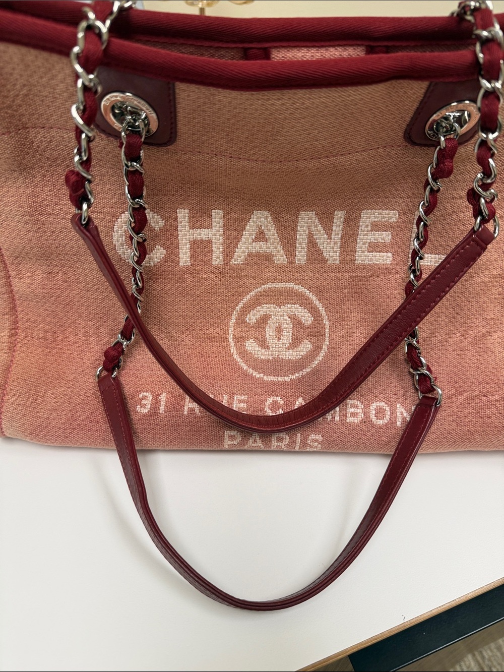CHANEL Pink Canvas Tote with Burgundy Trim and Chain Handles - Picture 15 of 15